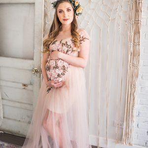 Pastel pink sheer floral embroidered tulle gown Maternity and non